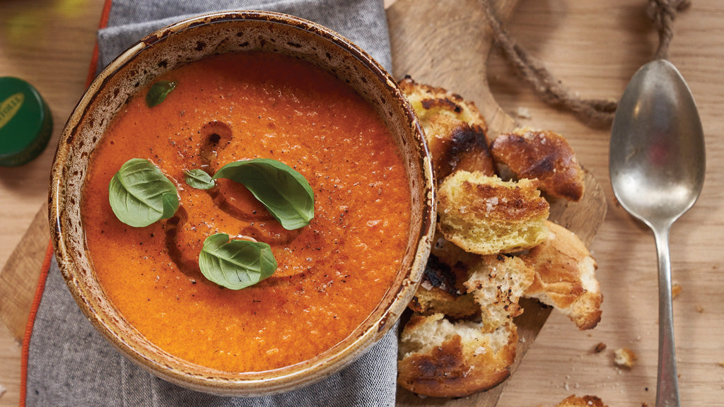 Tomato Soup with Homemade Olive Oil Croutons