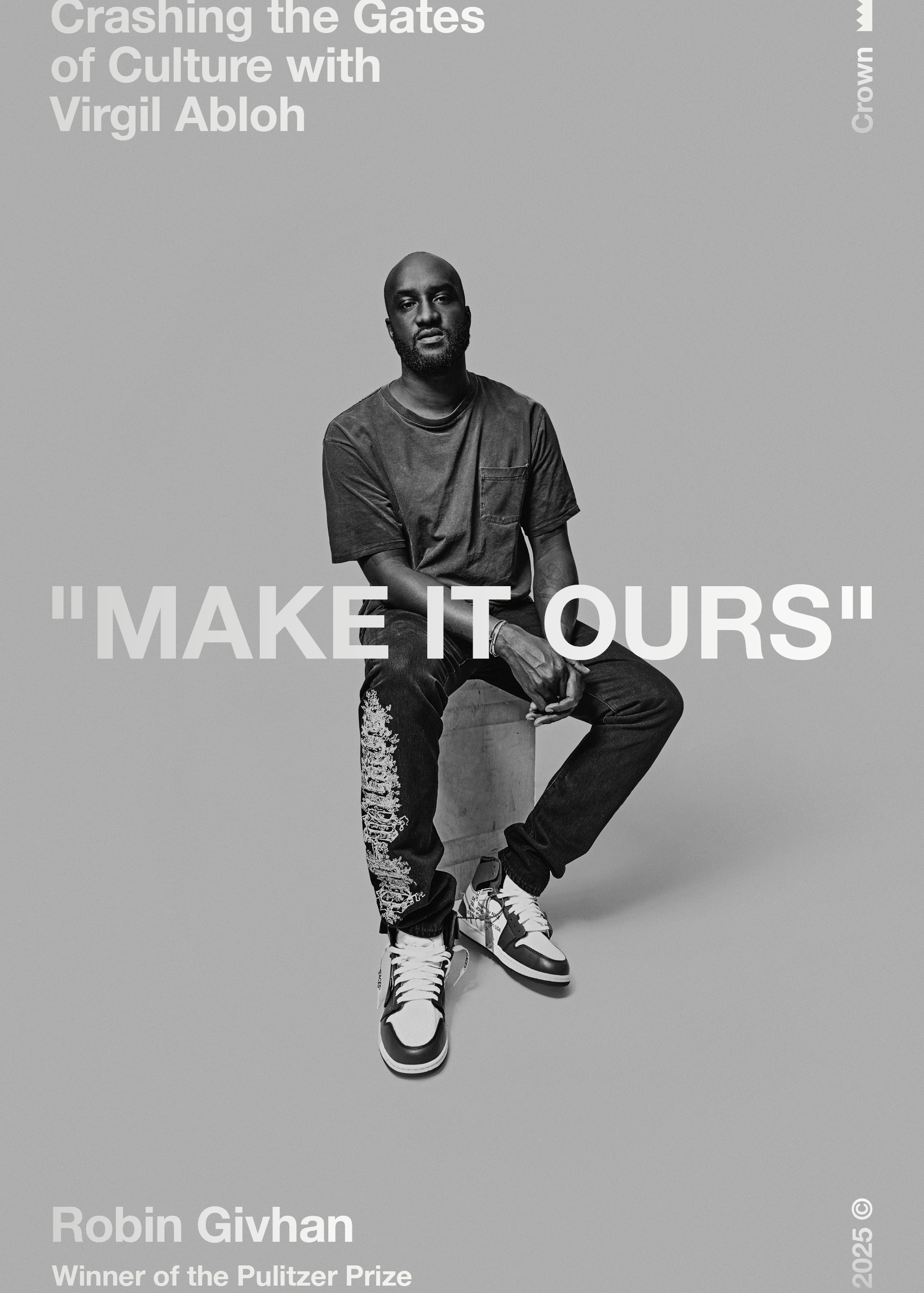 Photo of Virgil Abloh in Black and White on Hardcover Book for Make It Ours_Crashing the Gates of Culture with Virgil Abloh By Robin Givhan
